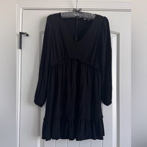 LOFT Size 4P Long Sleeve Black Ruffled -Waist, Rayon, V-neck Dress. Back zipper.